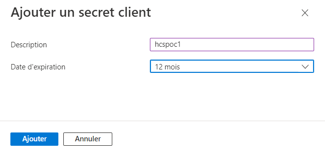 Capture d'écran montrant l'interface utilisateur du nouveau secret du client avec le nom hcspoc entré et la période de 12 mois choisie dans le menu Expire.