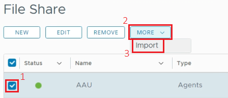 Option Importer dans le menu Plus sur la page Partage de fichiers