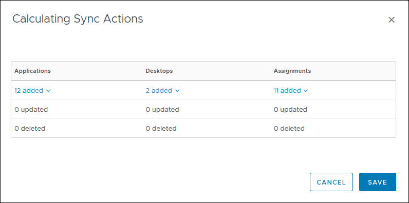 nombre d'applications, de postes de travail et d'attributions à synchroniser