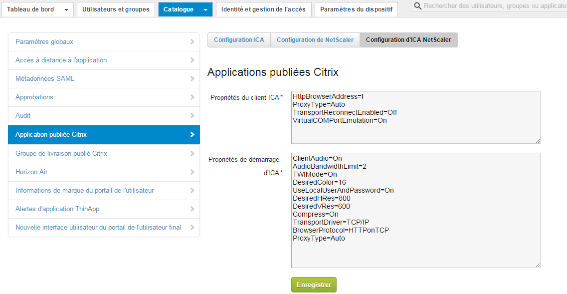 Onglet Configuration Netscaler ICA