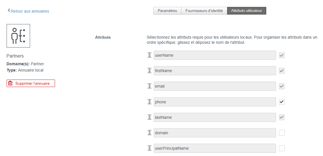 page d'attributs utilisateur