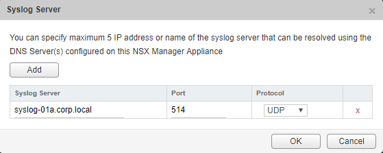 Paramètres du serveur Syslog. Le protocole par défaut est UDP avec un port par défaut de 514.