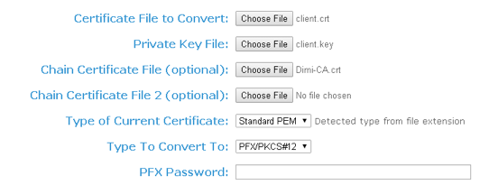 Un fichier de certificat client, un fichier de clé privée et un fichier de chaîne de certificats sont sélectionnés pour la conversion au format PFX.