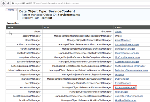 ExtensionManager mis en surbrillance sur la page de l'explorateur d'objets gérés.