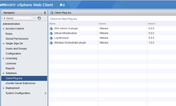 La page Plug-ins client de vSphere Web Client indique la suppression du plug-in vShield Manager.