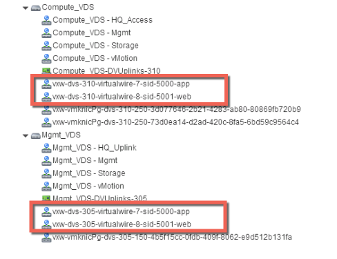 Les dvPortgroups du câble virtuel sont mis en surbrillance pour les commutateurs logiques d'application et Web sur les commutateurs vSphere Distributed Switch de calcul et de gestion.