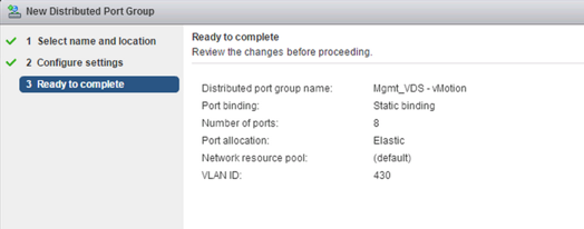 Paramètres de groupe de ports distribués pour le trafic vMotion.