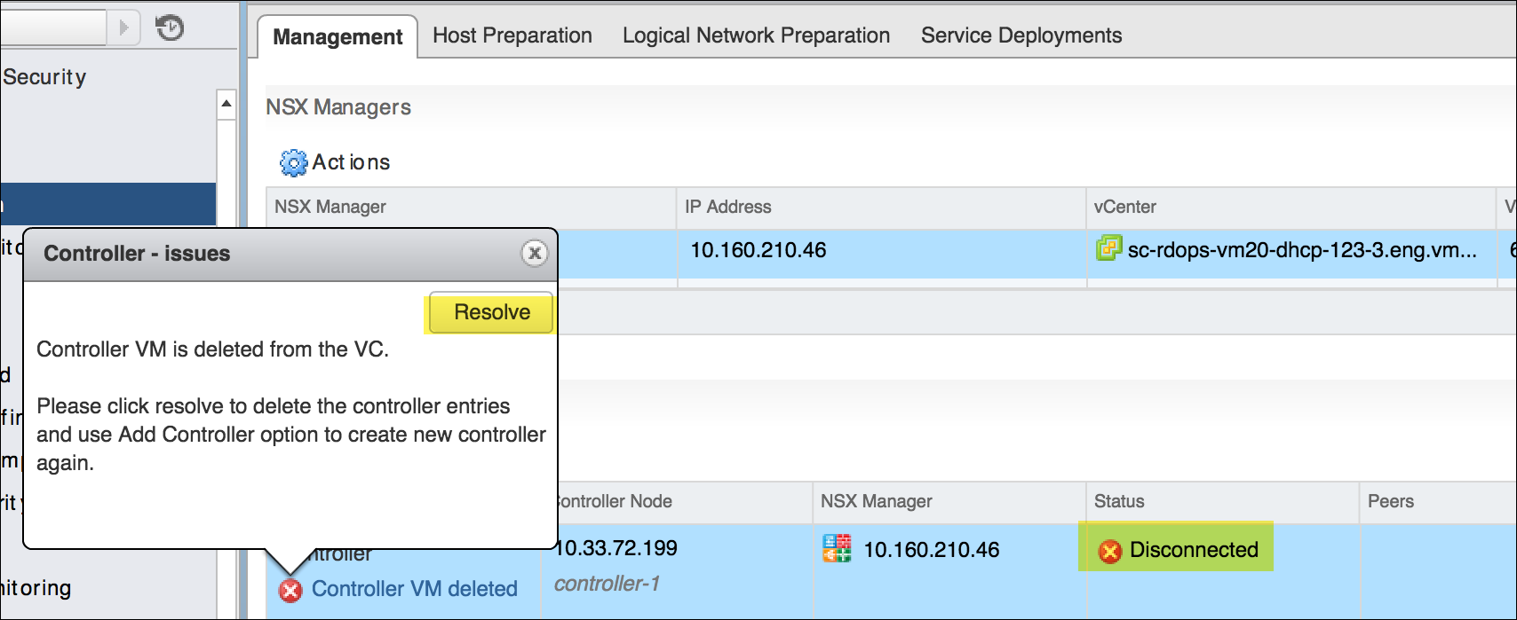 Les détails du problème indiquent la suppression de la VM NSX Controller de vCenter Server.