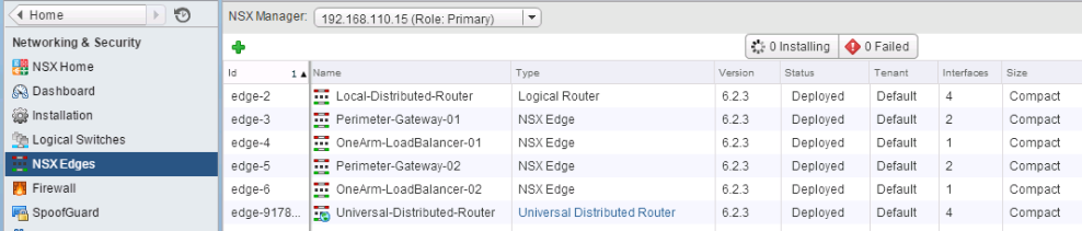 La page Dispositifs NSX Edge affiche la liste des DLR et des passerelles ESG qui sont déployés.