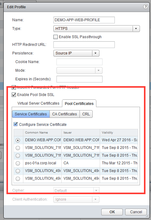 La case Activer SSL du côté du pool est cochée et le certificat du pool est sélectionné.