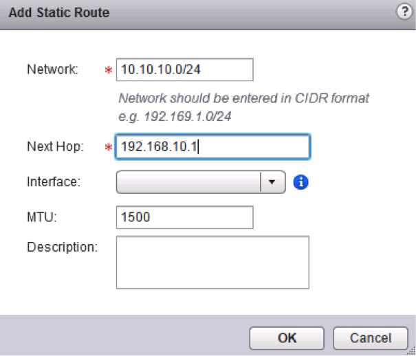Un exemple de configuration de route statique indique que l'adresse IP du tronçon suivant est définie sur 192.168.10.1.