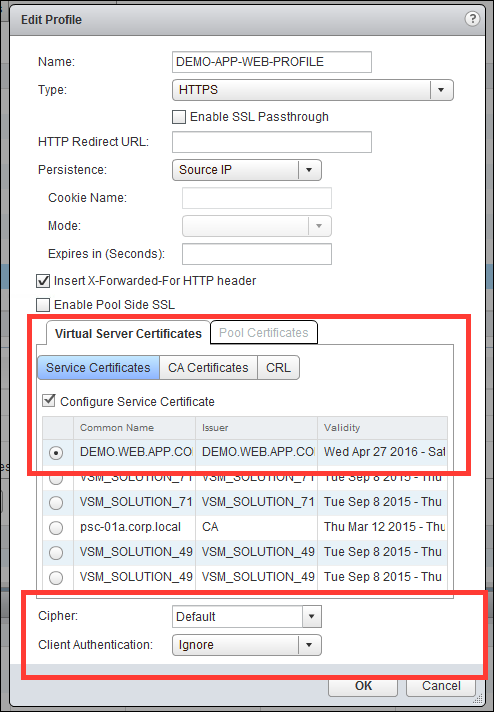 La case Configurer le certificat de service est cochée. Le chiffrement par défaut est utilisé et l'authentification client est définie sur Ignorer.