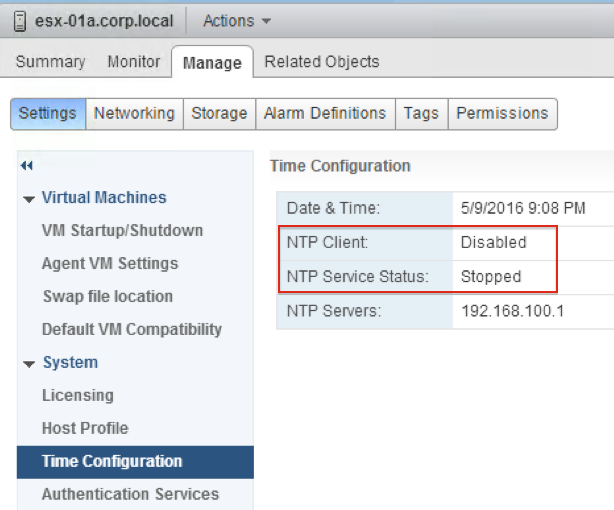La page Configuration de l'heure affiche le client NTP comme étant Désactivé et l'état du service NTP comme étant Arrêté.