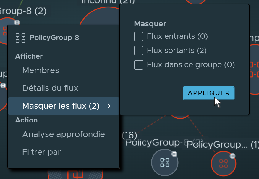 Masquer l'élément de menu de flux sélectionné sur un nœud et le sous-menu des types de flux s'affiche.