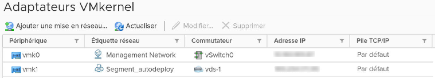 Sur la fenêtre Adaptateurs VMkernel, vérifiez que les cartes pNIC et les adaptateurs VMkernel sont migrés vers le commutateur N-VDS.