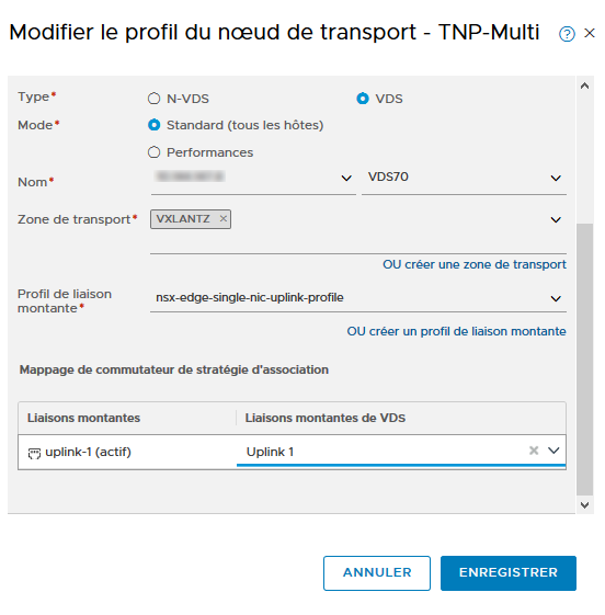 Ajouter un profil de nœud de transport en sélectionnant le type de commutateur d'hôte, le mode, le nom, la zone de transport, le profil de liaison montante et mappez les liaisons montantes aux liaisons montantes VDS.