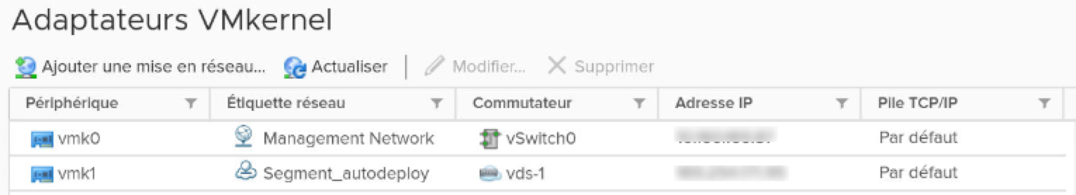 Dans la fenêtre Adaptateurs VMkernel, vérifiez que les cartes réseau physiques ou les adaptateurs VMkernel sont attachés au commutateur N-VDS.