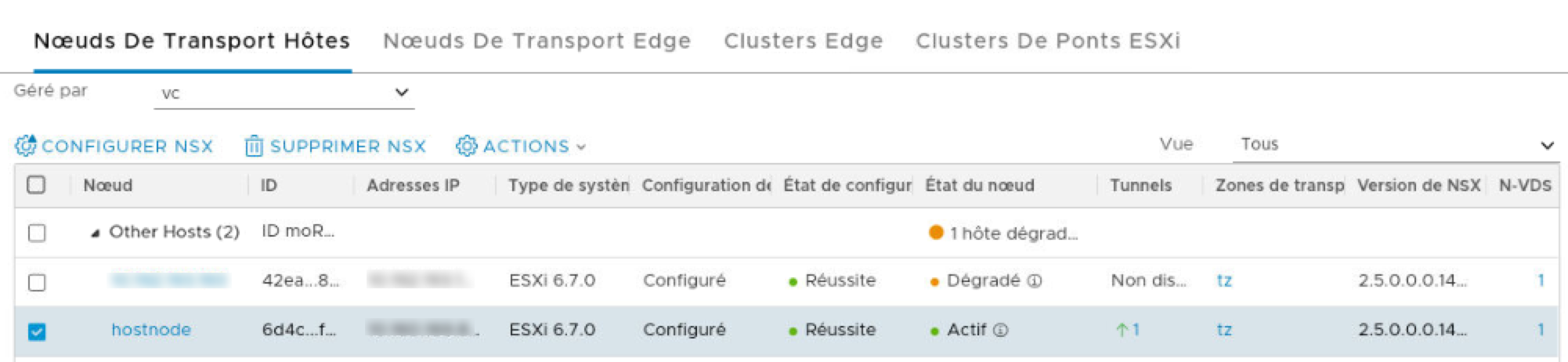 Sur la page Nœud de transport hôte, affichez les hôtes de référence préparés en tant que nœuds de transport.