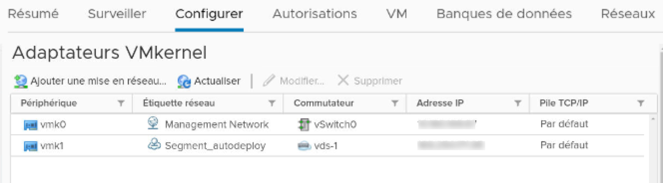 VMkernel est attaché à un commutateur temporaire sur un ESXi hôte.