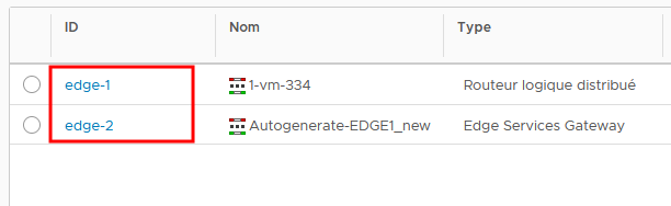 Les ID Edge des dispositifs Edge NSX for vSphere sont mis en surbrillance.