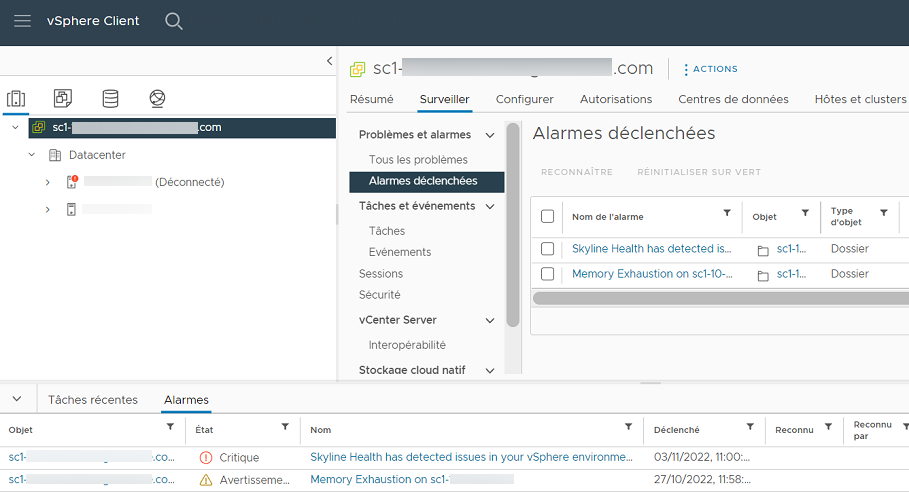 Affichez les alarmes déclenchées sur vSphere Web ClientvSphere Web Client.