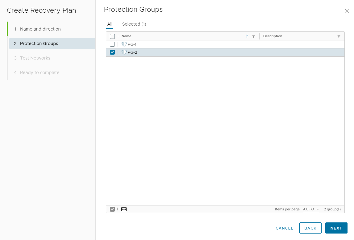 Capture d'écran de l'interface utilisateur de Site Recovery pour la sélection des groupes de protection à ajouter au plan de récupération.