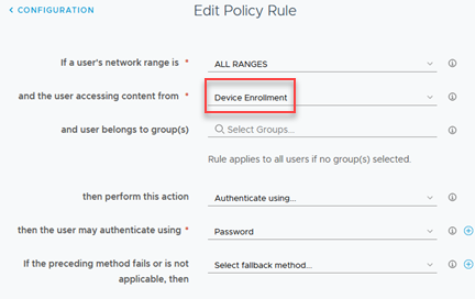 Règle de stratégie d'accès à l'inscription du terminal Workspace ONE Access