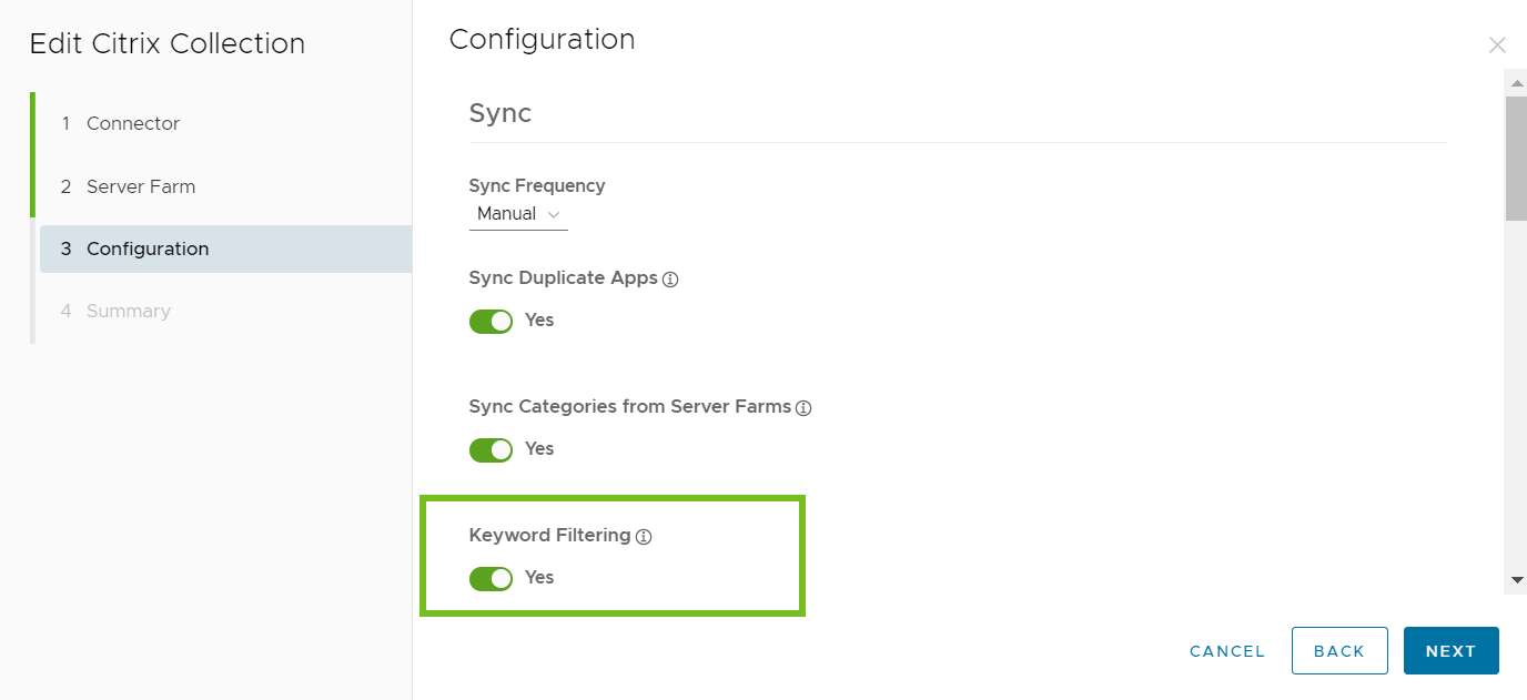 « L'option Filtrage par mots clés se trouve sur la page Configuration de l'assistant. »