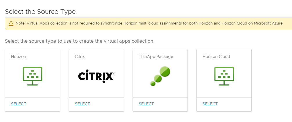 Les types de sources incluent Horizon, Citrix, le module ThinApp et Horizon Cloud.