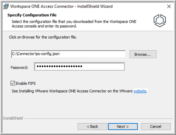 Sur la page Spécifier le fichier de configuration du programme d'installation du connecteur, l'option Activer FIPS est sélectionnée.