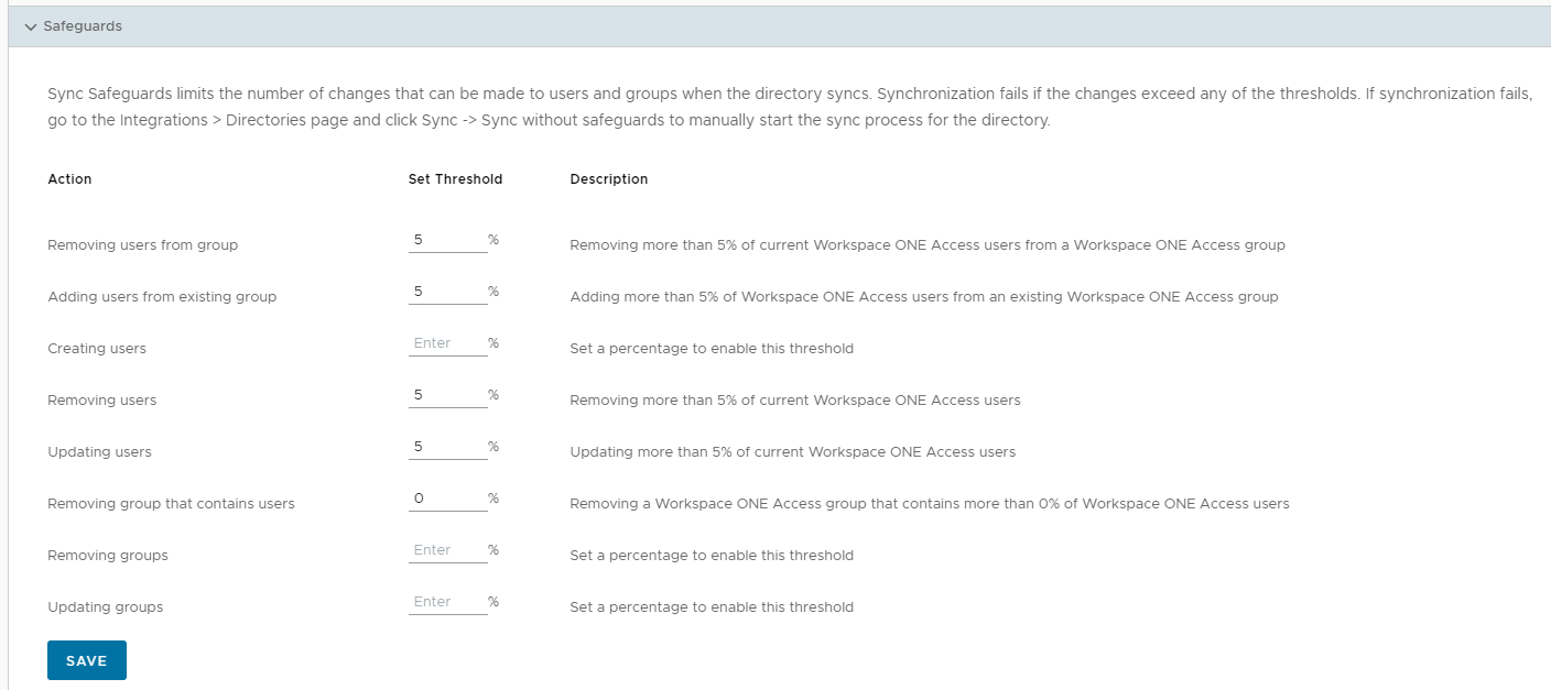 Vous pouvez entrer des seuils en pourcentages pour diverses actions telles que la création d'utilisateurs, la mise à jour d'utilisateurs et la suppression d'utilisateurs de groupes.