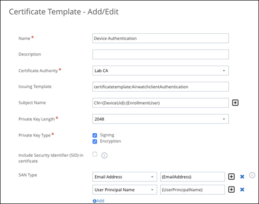 Capture d'écran de la page Modèle de certificat - Ajouter/Modifier