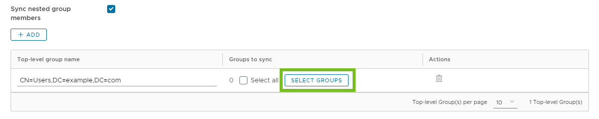 L'option Sélectionner des groupes est sélectionnée pour le groupe de niveau supérieur CN=Users,DC=example,DC=com.