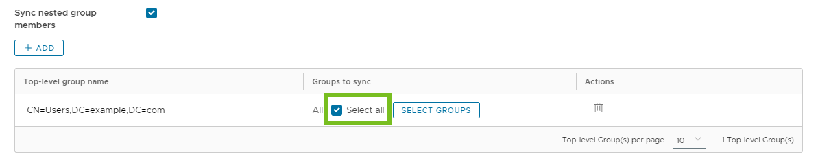 L'option Tout sélectionner est sélectionnée pour le groupe de niveau supérieur CN=Users,DC=example,DC=com.