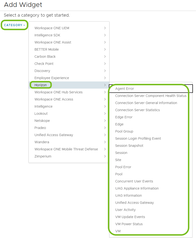 Utilisez la catégorie Horizon pour trouver une liste de points de données disponibles sur lesquels vous pouvez baser votre widget personnalisé.