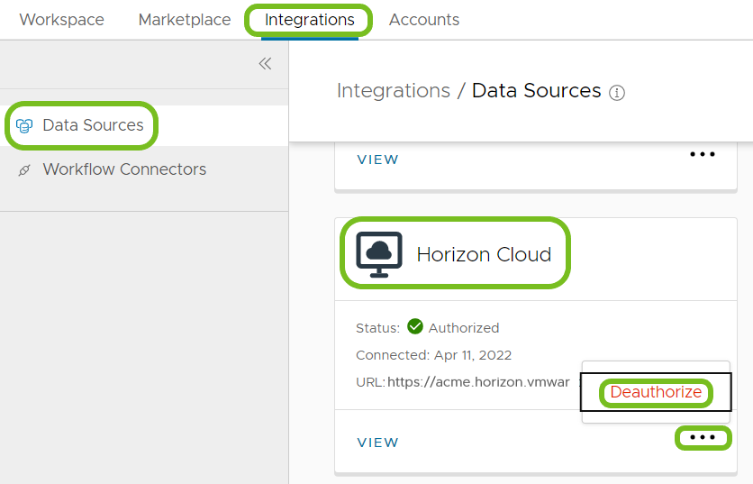 Pour déconnecter Horizon Next-Gen d'Intelligence, recherchez la carte de source de données Horizon Cloud et choisissez d'annuler l'autorisation de l'intégration.