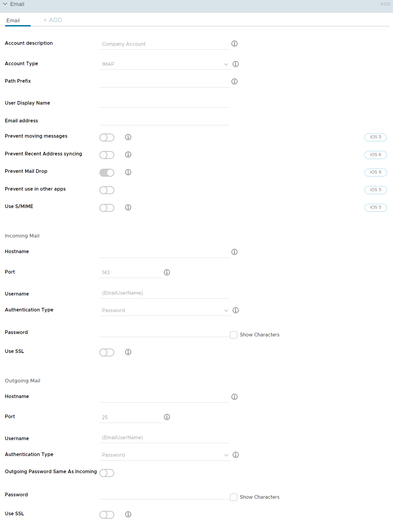 UEM Console affichant la page des paramètres de profil Compte de messagerie