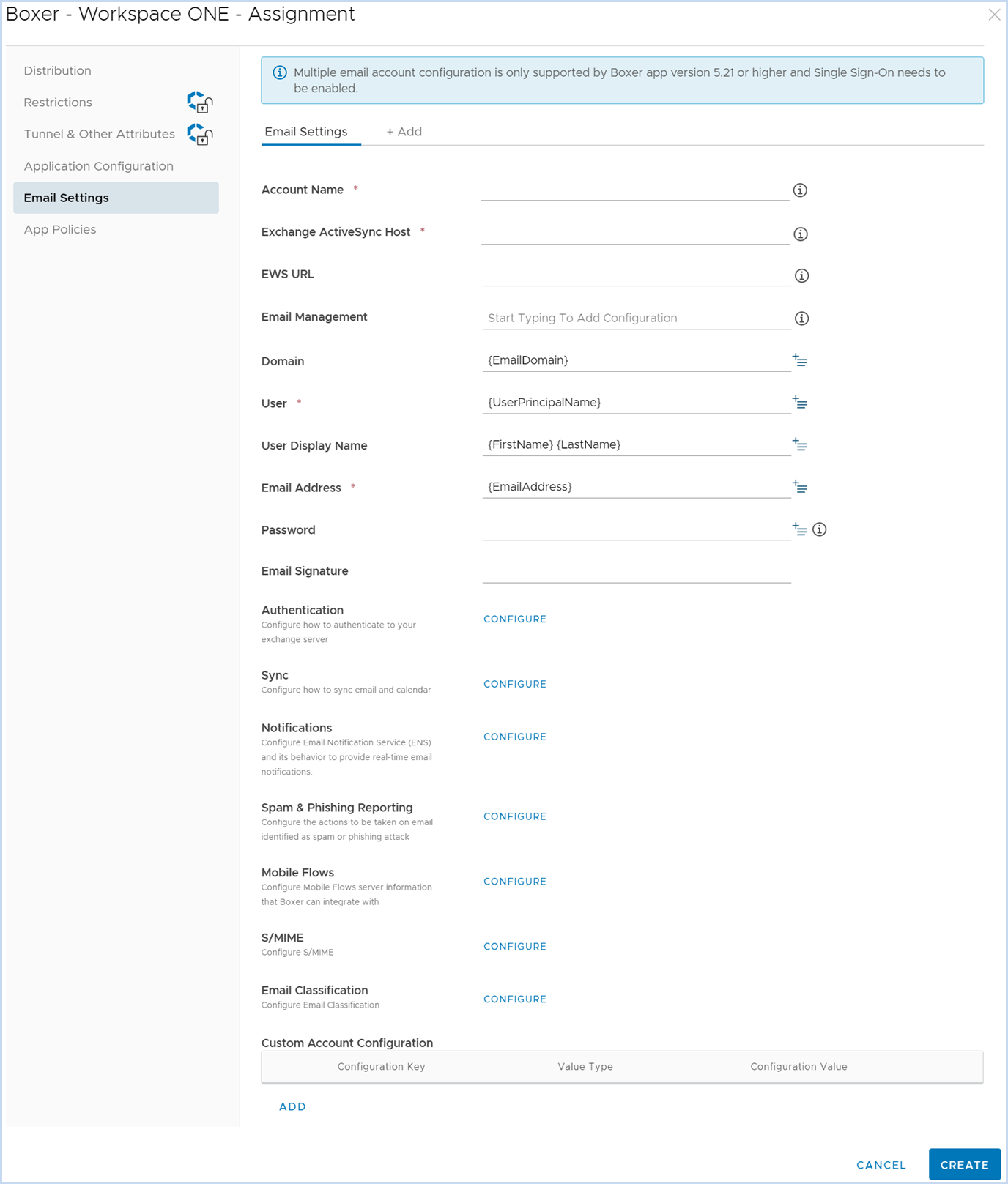 Capture d'écran de la page Attribution de Workspace ONE Boxer sur Workspace ONE UEM Console. La page Attribution contient plusieurs onglets tels que Distribution, Restrictions, Tunnel et Autres attributs, Configuration de l'application, Paramètres de messagerie et Stratégies d'application. Ces onglets ont divers paramètres qui sont requis pour la configuration de Workspace ONE Boxer. La capture d'écran affiche les configurations de l'onglet Paramètres de messagerie.