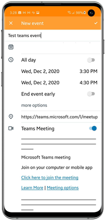 Capture d'écran de l'écran Workspace ONE Boxer sur un iPhone. La capture d'écran affiche le bouton bascule de réunion Teams dans l'écran Nouvel événement lors de la création d'un événement de calendrier.