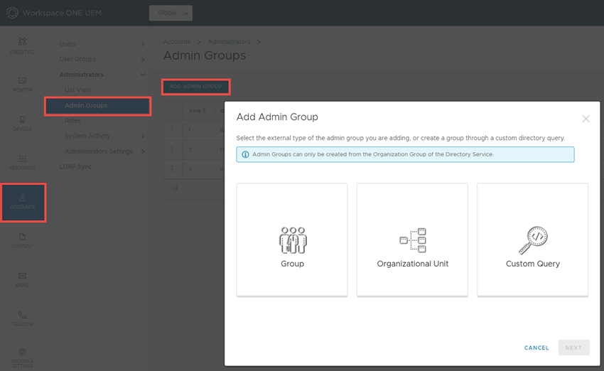 Cette capture d'écran montre la page Groupes d'administrateurs que vous pouvez utiliser pour ajouter de nouveaux groupes d'administrateurs.