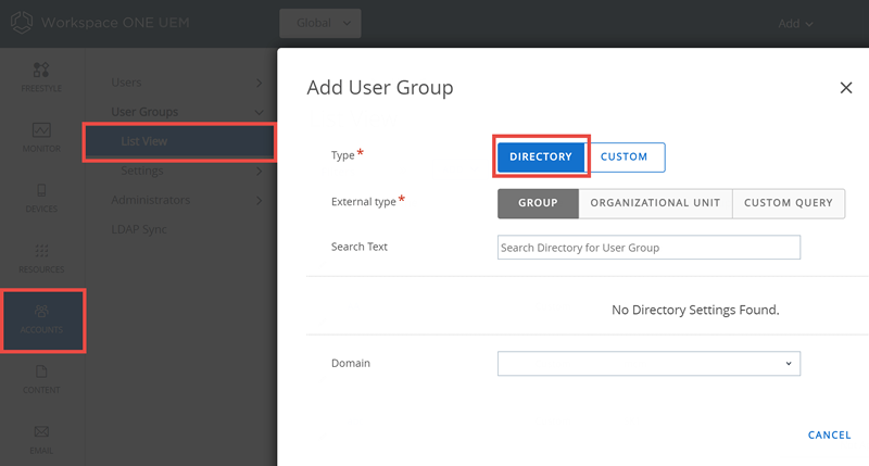 Cette capture d'écran montre la Vue en liste des groupes d'utilisateurs, Ajouter, que vous utilisez pour ajouter des groupes d'utilisateurs avec une intégration d'annuaire.