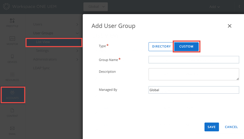 Cette capture d'écran montre la Vue en liste des groupes d'utilisateurs, Ajouter, que vous utilisez pour ajouter des groupes d'utilisateurs sans intégration d'annuaire.