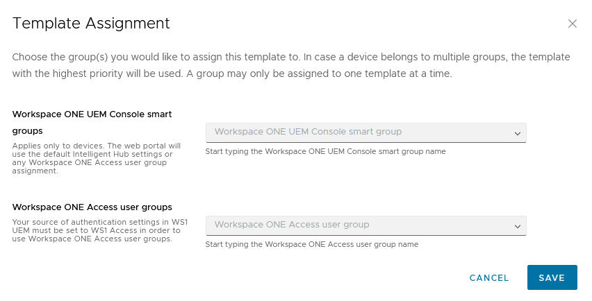 Capture d'écran de la page Attribuer un modèle dans la console des services du Hub.
