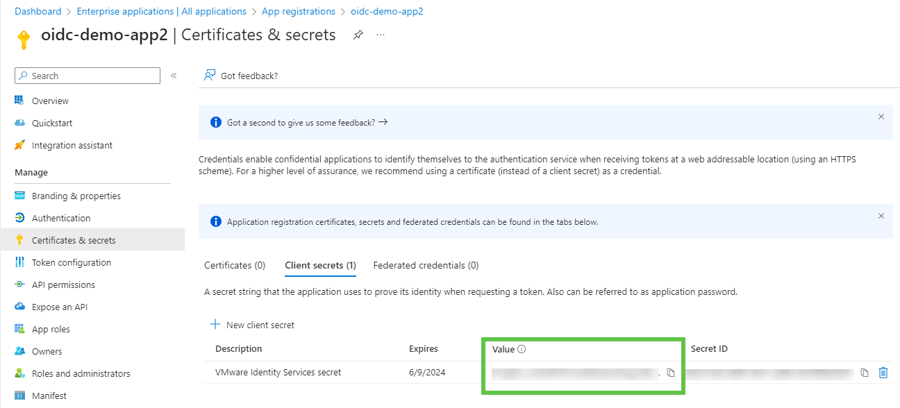 La page Certificats et clés secrètes affiche la clé secrète dans l'onglet Clés secrètes des clients.