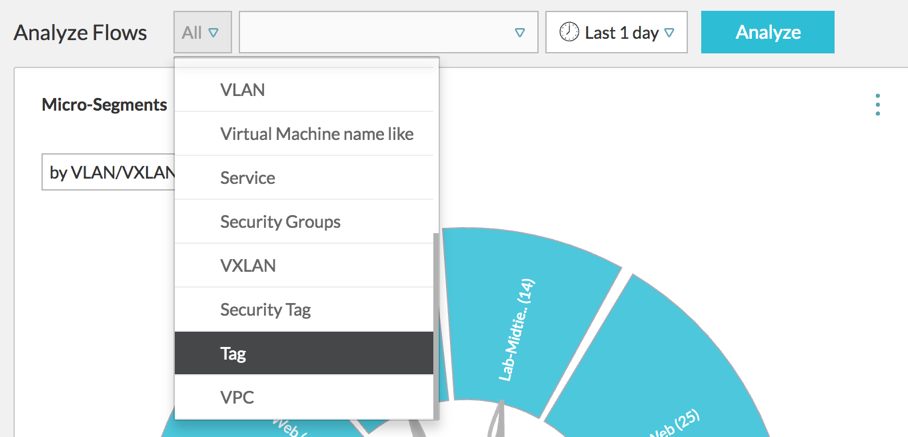 Option de balise sélectionnée dans le menu déroulant Analyser les flux.