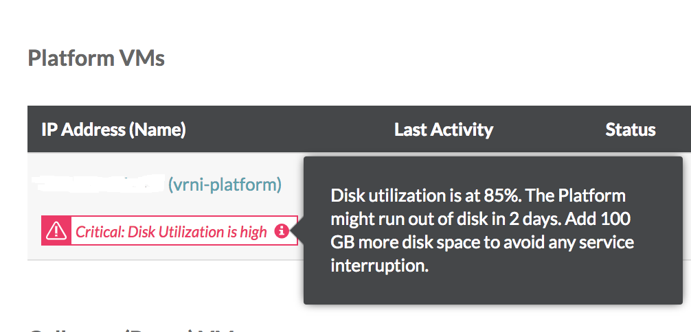 Exemple d'alerte d'utilisation du disque sur l'interface utilisateur de vRealize Network Insight.