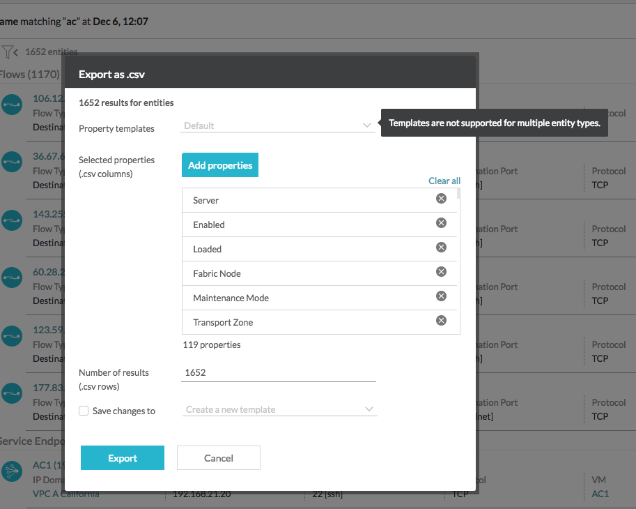 Mode d'exportation CSV, avec les propriétés sélectionnées par défaut pour les résultats de la recherche selon le type d'entité.