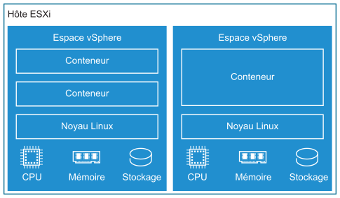 Hôte ESXi contenant deux zones d'espace vSphere. Chaque espace vSphere dispose de conteneurs qui s'y exécutent, d'un noyau Linux, d'une mémoire, d'un CPU et des ressources de stockage.