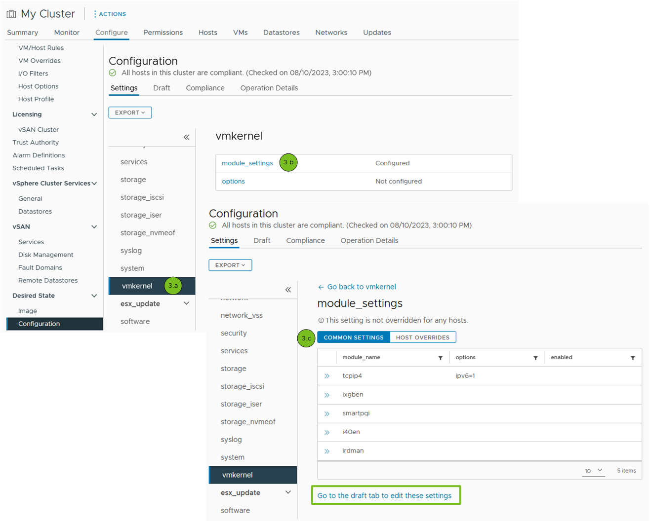 Capture d'écran montrant comment afficher la configuration pour différents paramètres d'hôte