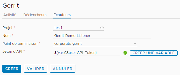Pour les instances sur site, l'écouteur du déclencheur Gerrit utilise un point de terminaison Gerrit et un jeton d'API, que vous pouvez générer à partir de l'onglet Écouteurs en cliquant sur GÉNÉRER LE JETON.